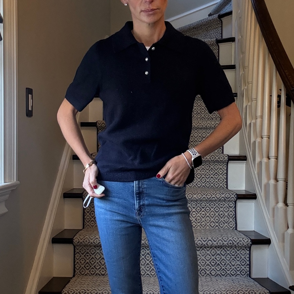 CeCe Navy Polo style sweater with pearl buttons